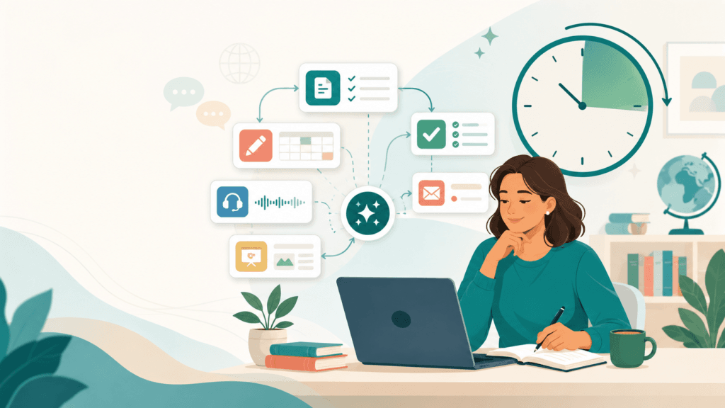 ESL teacher at a laptop surrounded by AI tool icons and a clock, saving prep time