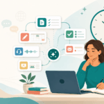 ESL teacher at a laptop surrounded by AI tool icons and a clock, saving prep time