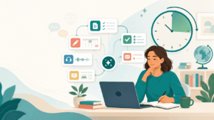 ESL teacher at a laptop surrounded by AI tool icons and a clock, saving prep time