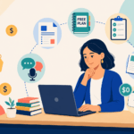 ESL teacher using free AI tools on a laptop, surrounded by free plan and zero-cost badges
