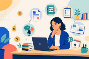 ESL teacher using free AI tools on a laptop, surrounded by free plan and zero-cost badges