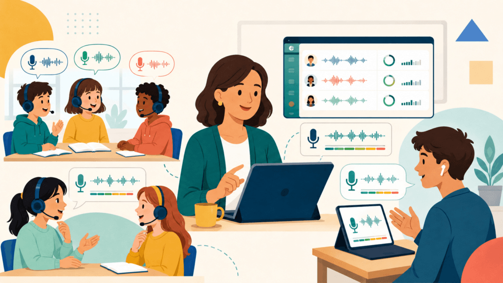 Teacher and students wearing headsets for pronunciation practice, with speech waveform icons