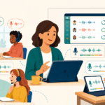 Teacher and students wearing headsets for pronunciation practice, with speech waveform icons