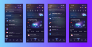 Four ELSA Speak app screens showing lessons and pronunciation scores