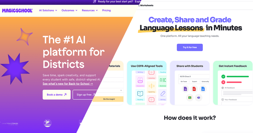 MagicSchool AI homepage promoting AI-generated language lessons for schools