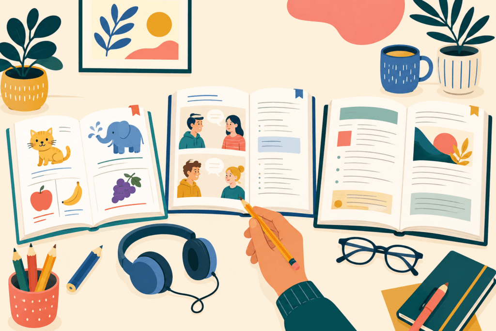 Printed ESL lesson plans and worksheets spread across a desk with headphones and stationery