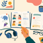 Printed ESL lesson plans and worksheets spread across a desk with headphones and stationery