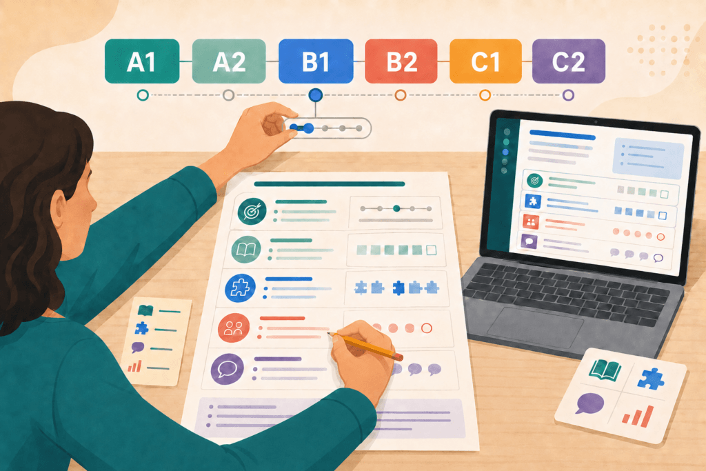 Teacher planning lessons with CEFR level badges from A1 to C2 above the desk