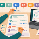 Teacher planning lessons with CEFR level badges from A1 to C2 above the desk