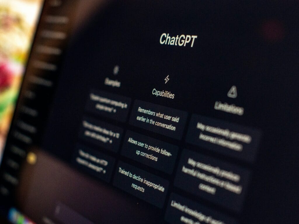 Close-up of the ChatGPT start screen showing its examples, capabilities and limitations