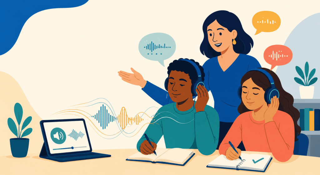 Teacher and two students in headphones doing a listening activity with audio waveforms on screen