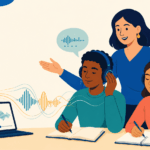 Teacher and two students in headphones doing a listening activity with audio waveforms on screen