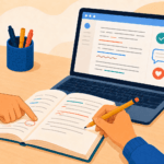 Student writing in a notebook beside a laptop showing corrected text with check marks