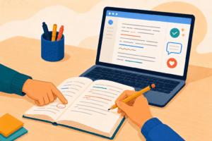 Student writing in a notebook beside a laptop showing corrected text with check marks