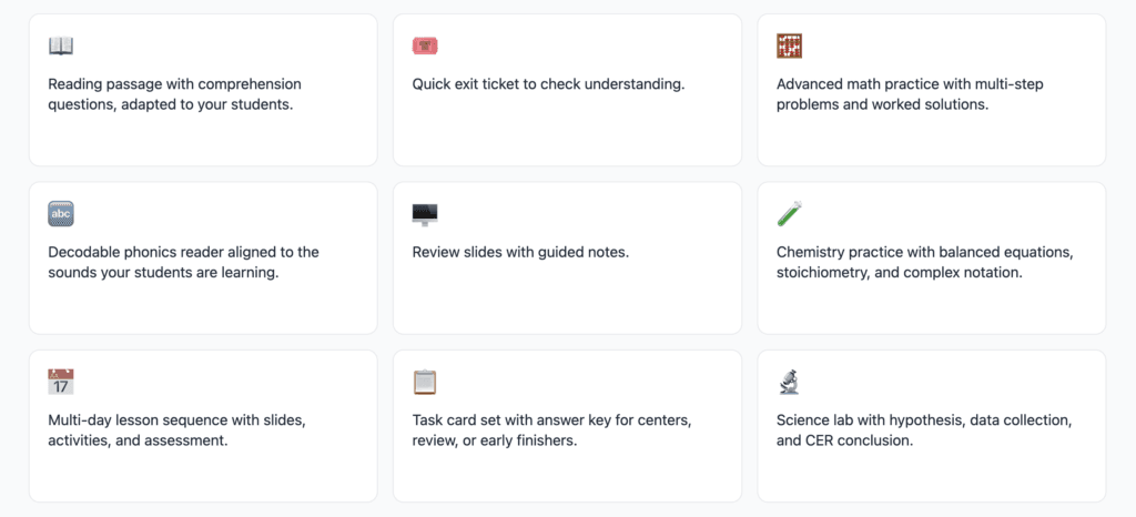 Diffit resource library showing generated reading passages, exit tickets and lesson sequences