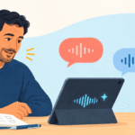 Adult learner studying English with a book and a tablet showing speech waveforms