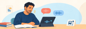 Adult learner studying English with a book and a tablet showing speech waveforms