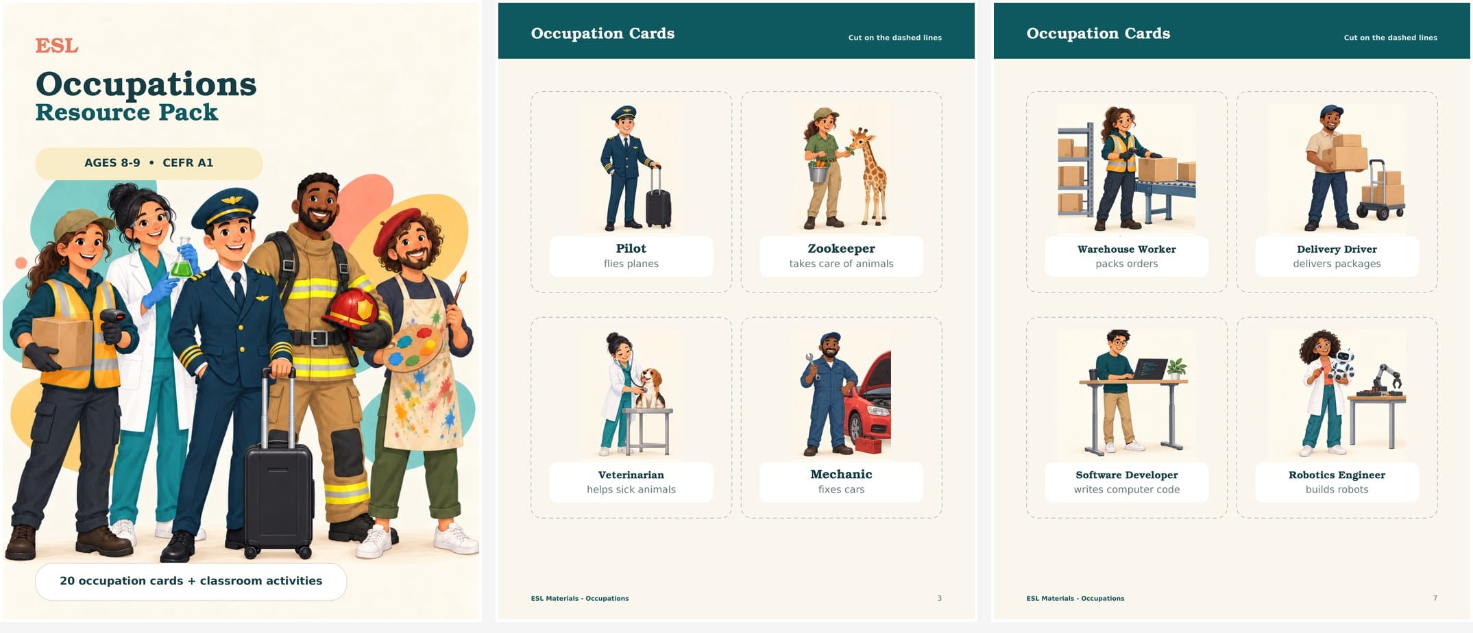 Free ESL occupations resource pack for A1 young learners