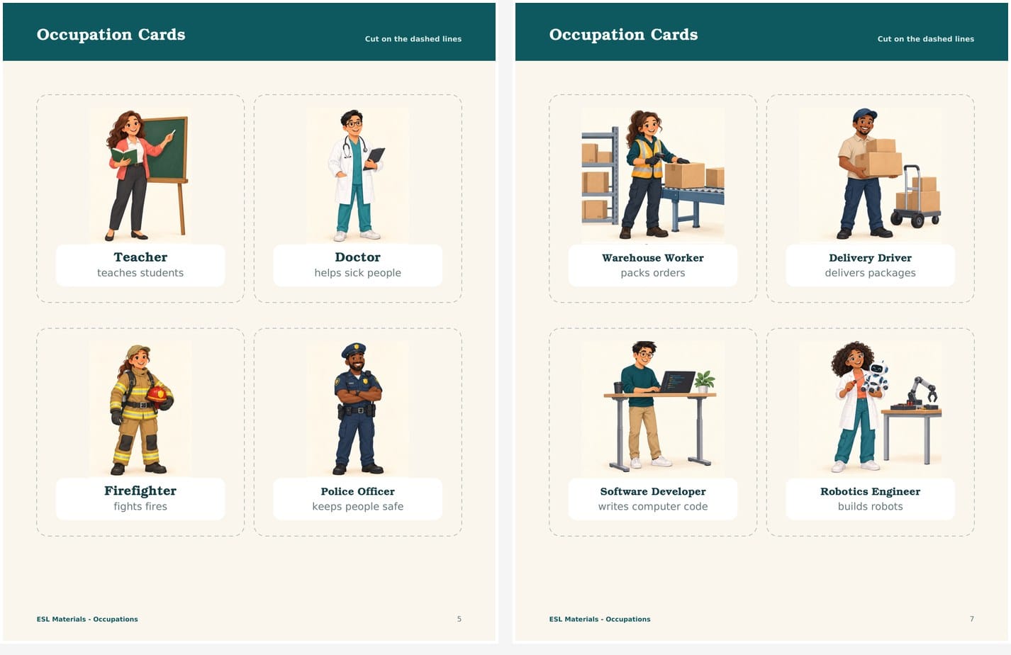 ESL occupation cards with traditional and modern jobs