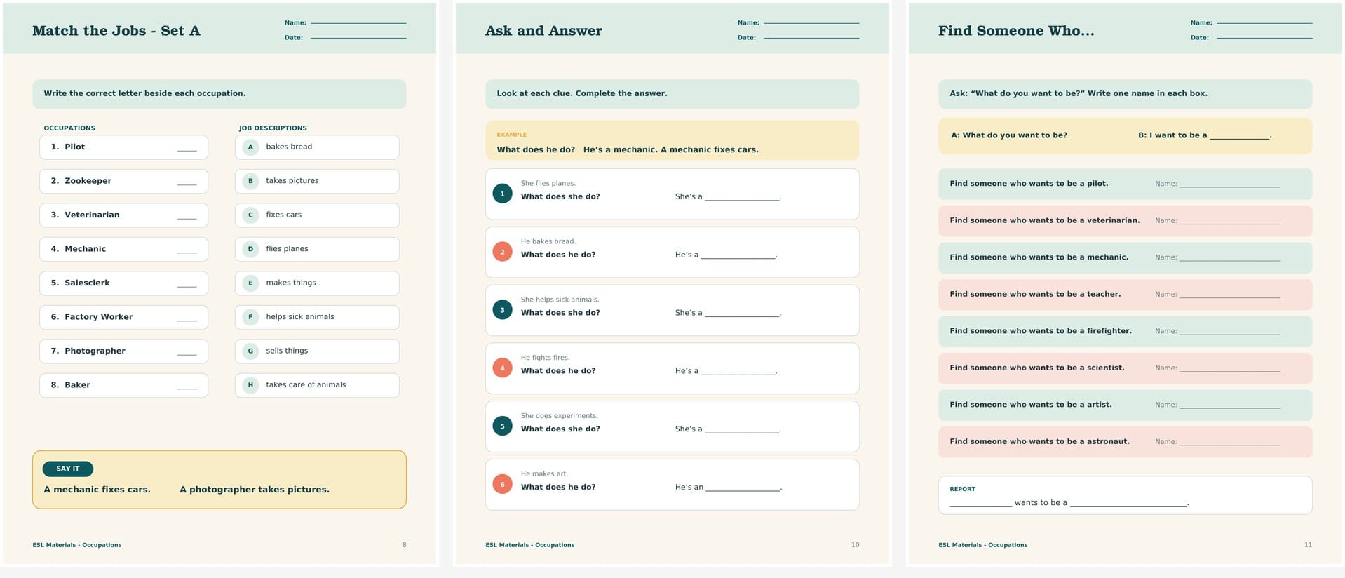 ESL occupations matching and speaking worksheets